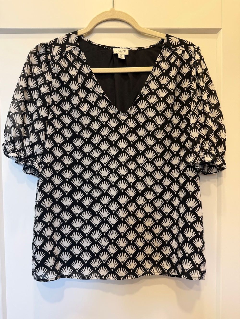 J. Crew Black and White Scallop-Print V-Neck Puff Sleeve Blouse